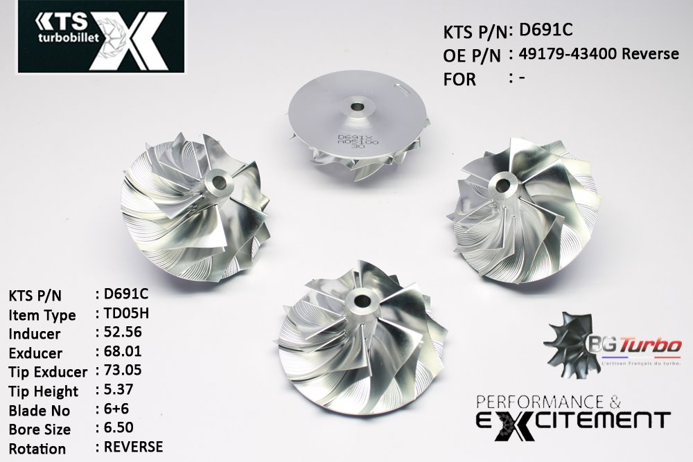 Turbo ROUE FORGÉE MFS PERFORMANCE - 6+6 PALES - INDUCER : 52,56 - EXDUCER : 68,01 - TYPE : TD05HANGLE : 50° - ROTATION : Reverse - SUPER BACK : 2,9 - BORE SIZE : 6,5
